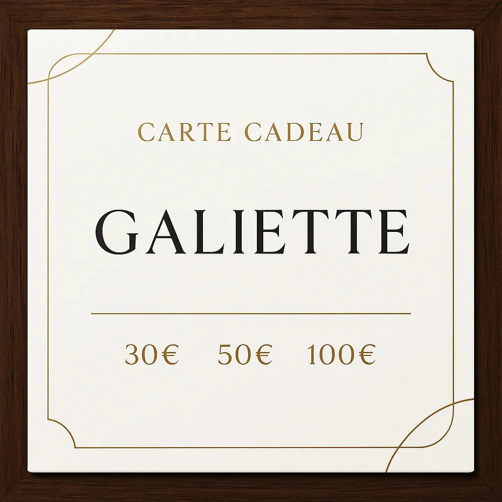 Carte cadeau Galiette disponible en 30€, 50€ et 100€ - Design élégant avec cadre bois sur fond beige
